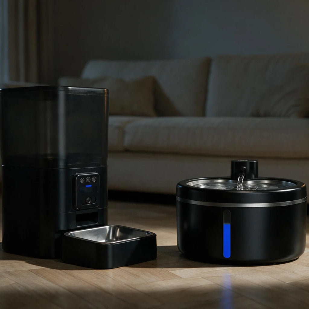 Vue arrière trois quarts du distributeur Vision noir et de la fontaine Galet