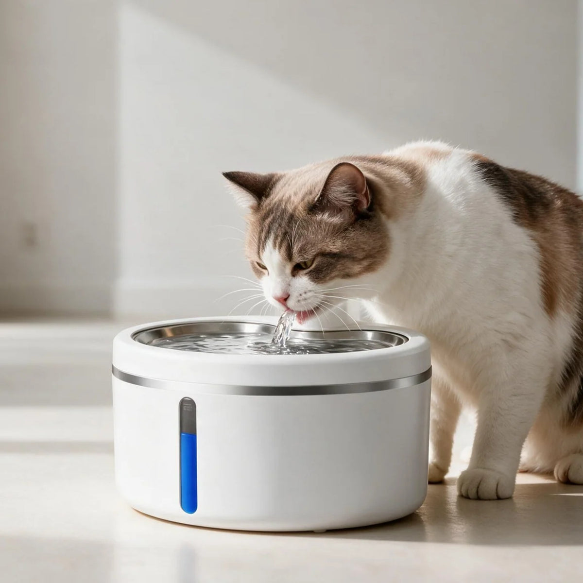 Chat buvant à la fontaine à eau Galet blanche dans un intérieur clair