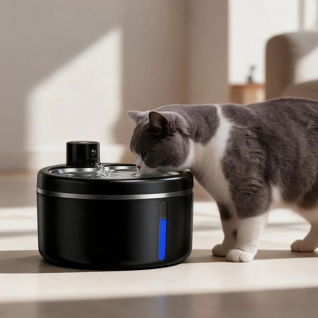 Chat buvant à la fontaine à eau Galet noire dans un intérieur clair