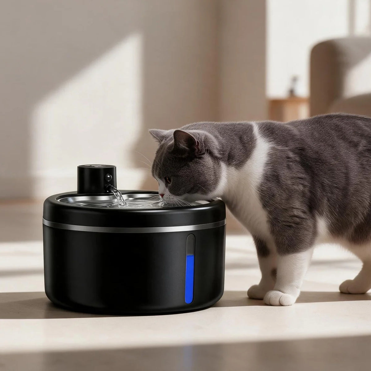 Chat buvant à la fontaine à eau Galet noire dans un intérieur clair