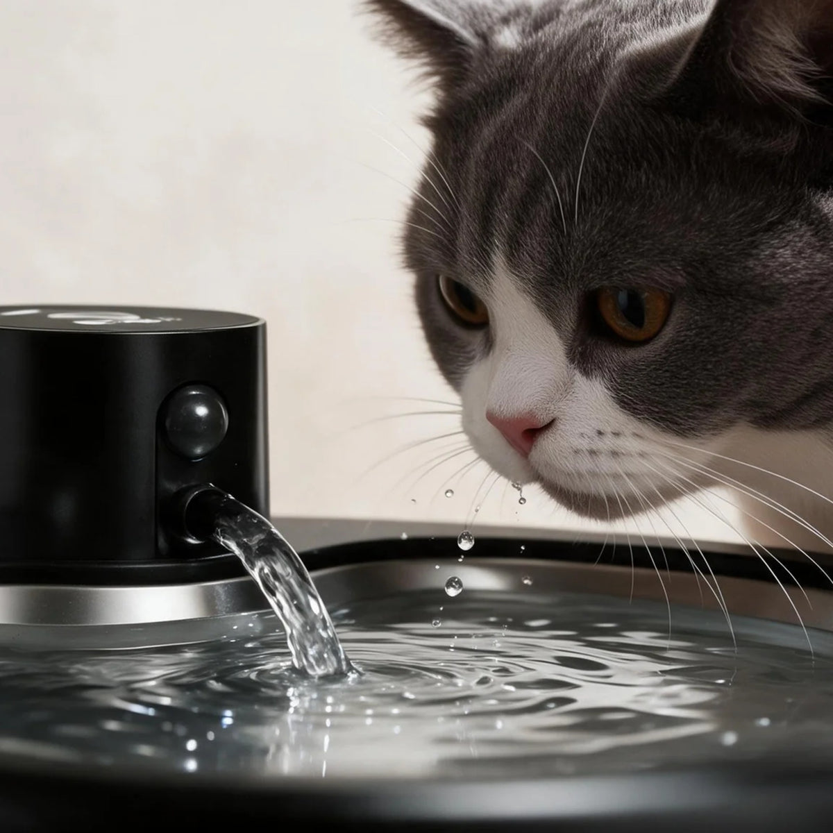 Chat buvant à la fontaine à eau Galet noire, gros plan sur le débit