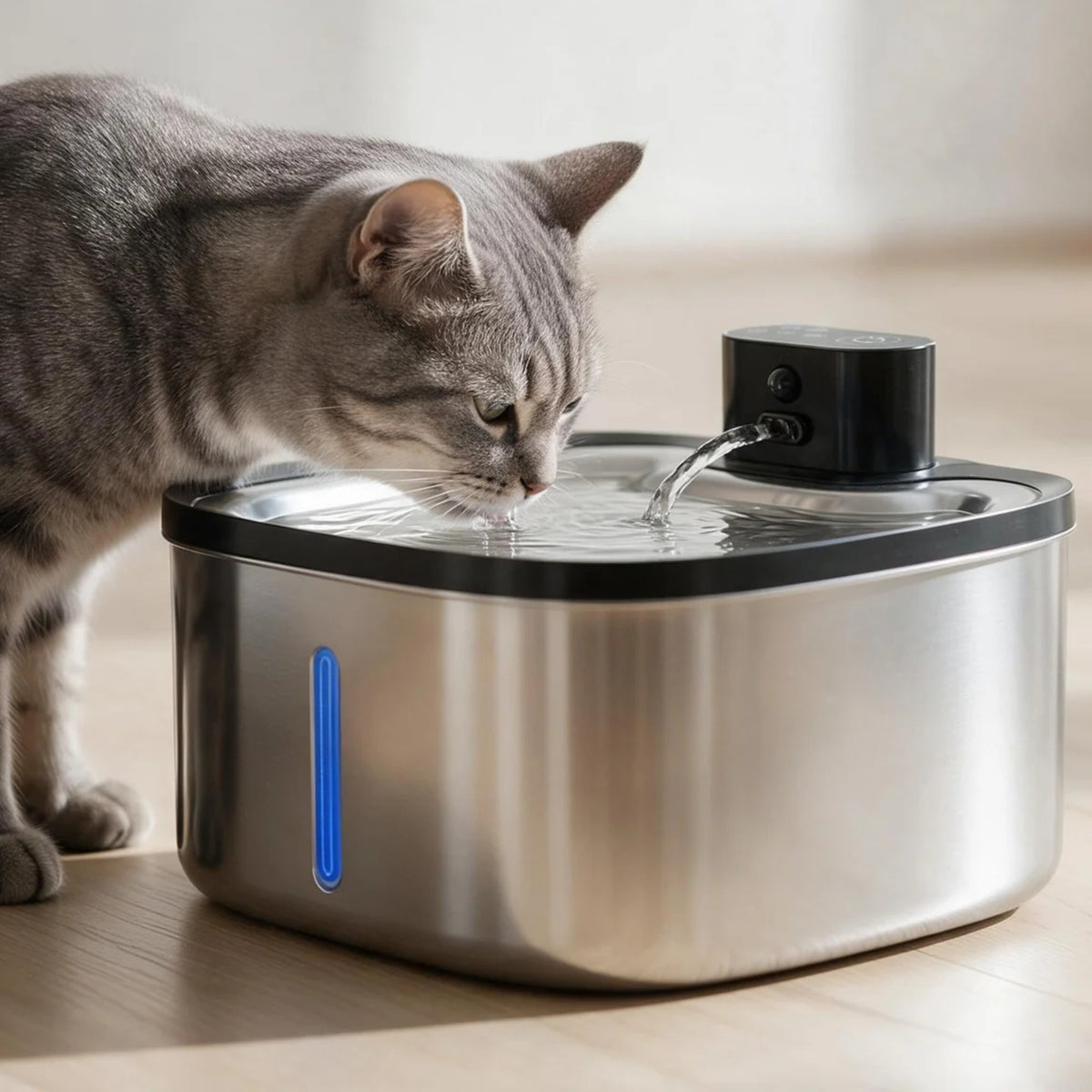 Chat tigré gris qui boit à la fontaine à eau Halo en inox