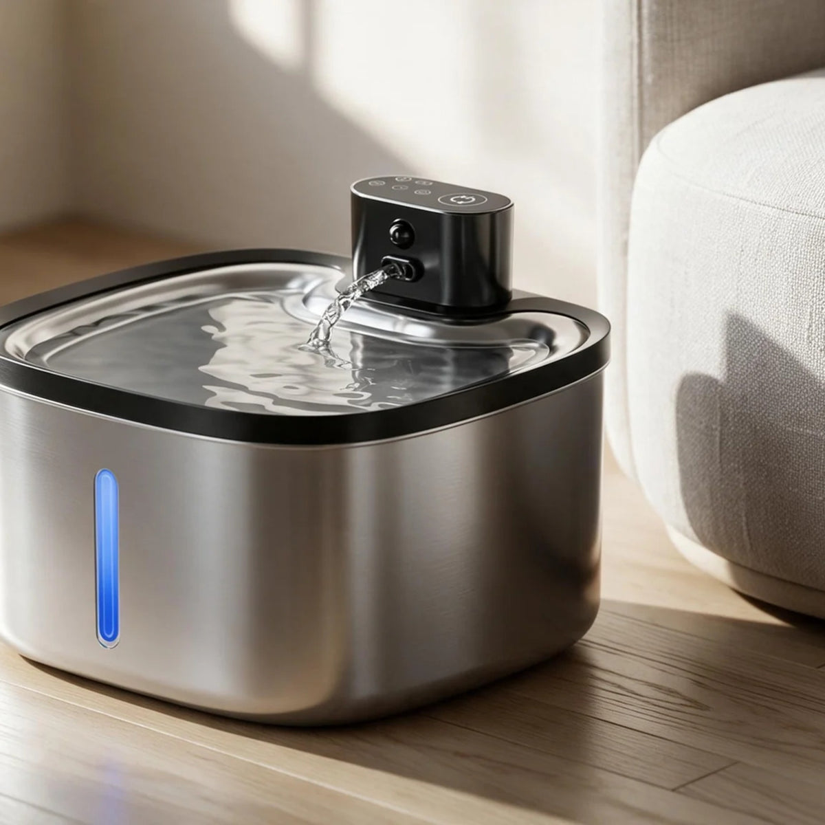 Fontaine à eau Halo en acier inoxydable sur un sol en chêne clair