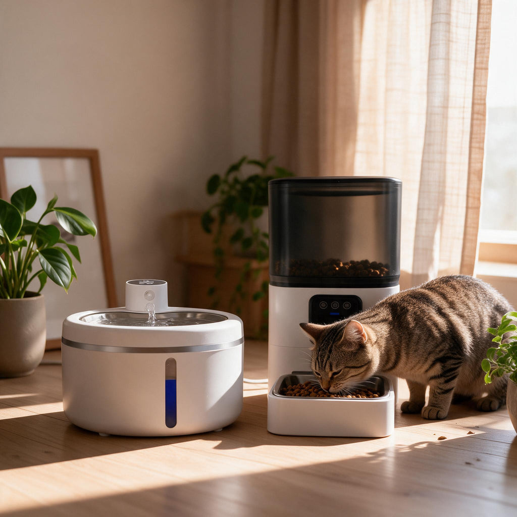 Chat qui mange au distributeur Vision blanc, fontaine Galet blanche à côté, dans un salon clair