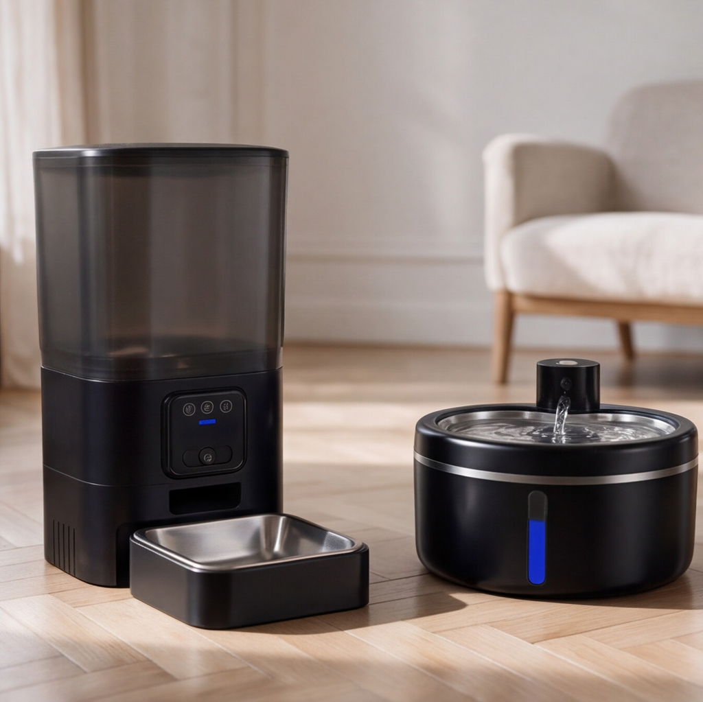 Distributeur Vision noir avec son bol en acier inoxydable et fontaine Galet noire côte à côte
