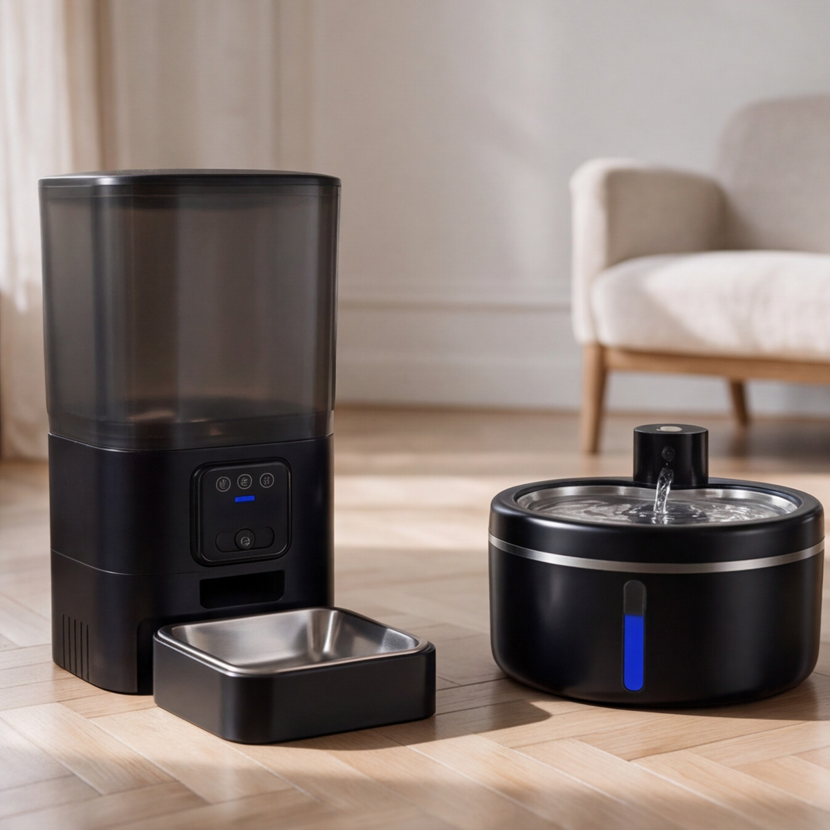 Distributeur Vision noir avec son bol en acier inoxydable et fontaine Galet noire côte à côte