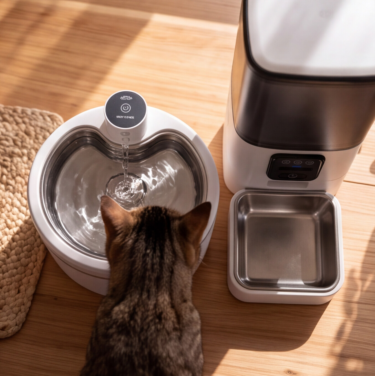 Gros plan sur le bassin inox de la fontaine Galet blanche, chat en train de boire, distributeur Vision blanc