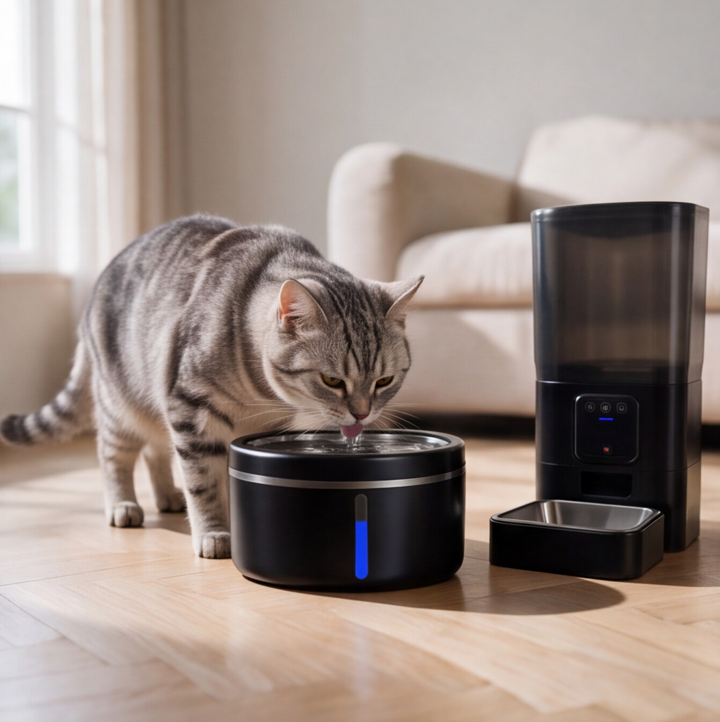 Chat tigré qui boit à la fontaine Galet noire, à côté du distributeur Vision noir, dans un salon