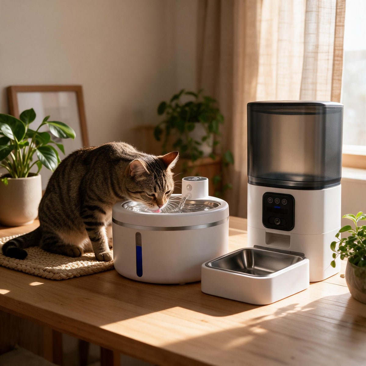Chat tigré qui boit à la fontaine Galet blanche, distributeur Vision blanc à côté, sur une table en bois