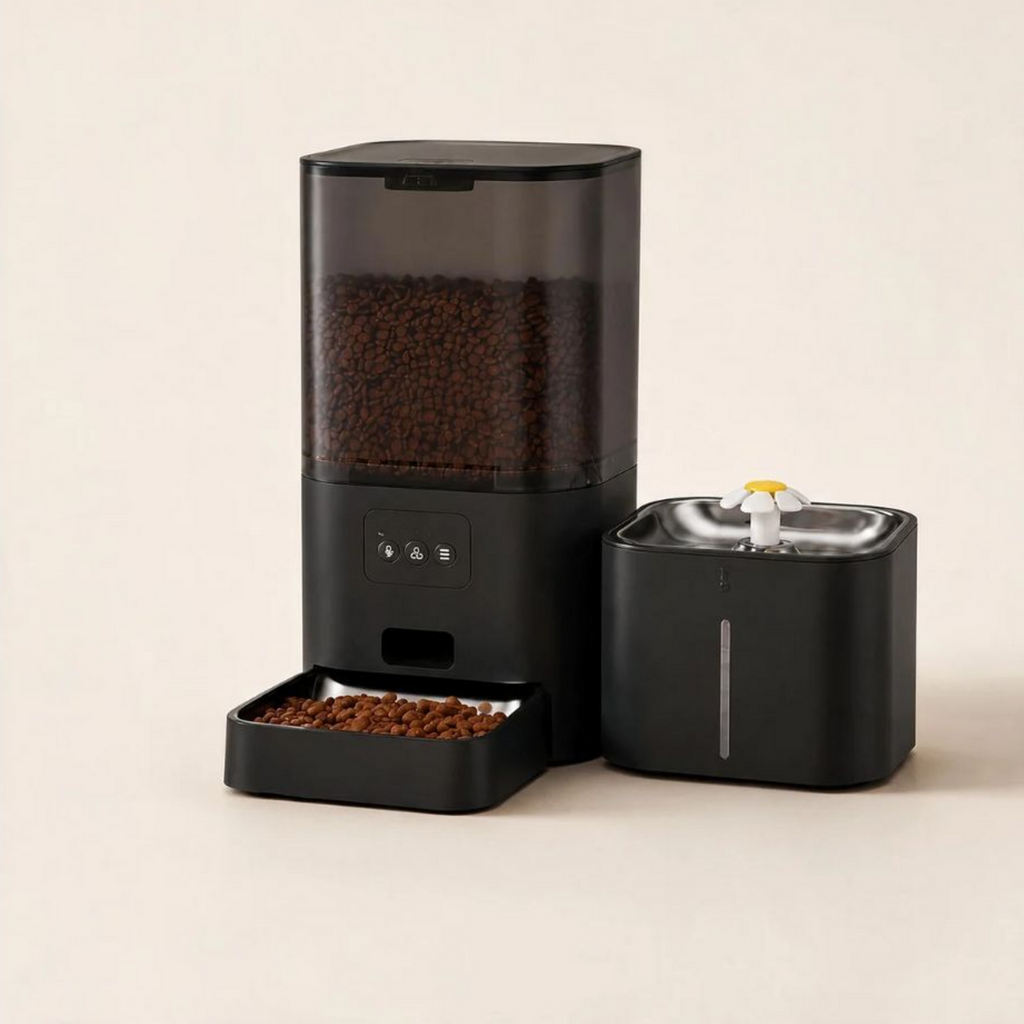 Distributeur de croquettes Bistro noir PETYNA avec sa fontaine à eau