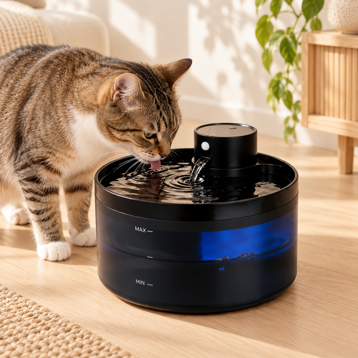 Chat buvant à la fontaine à eau Flow sans fil dans un intérieur clair