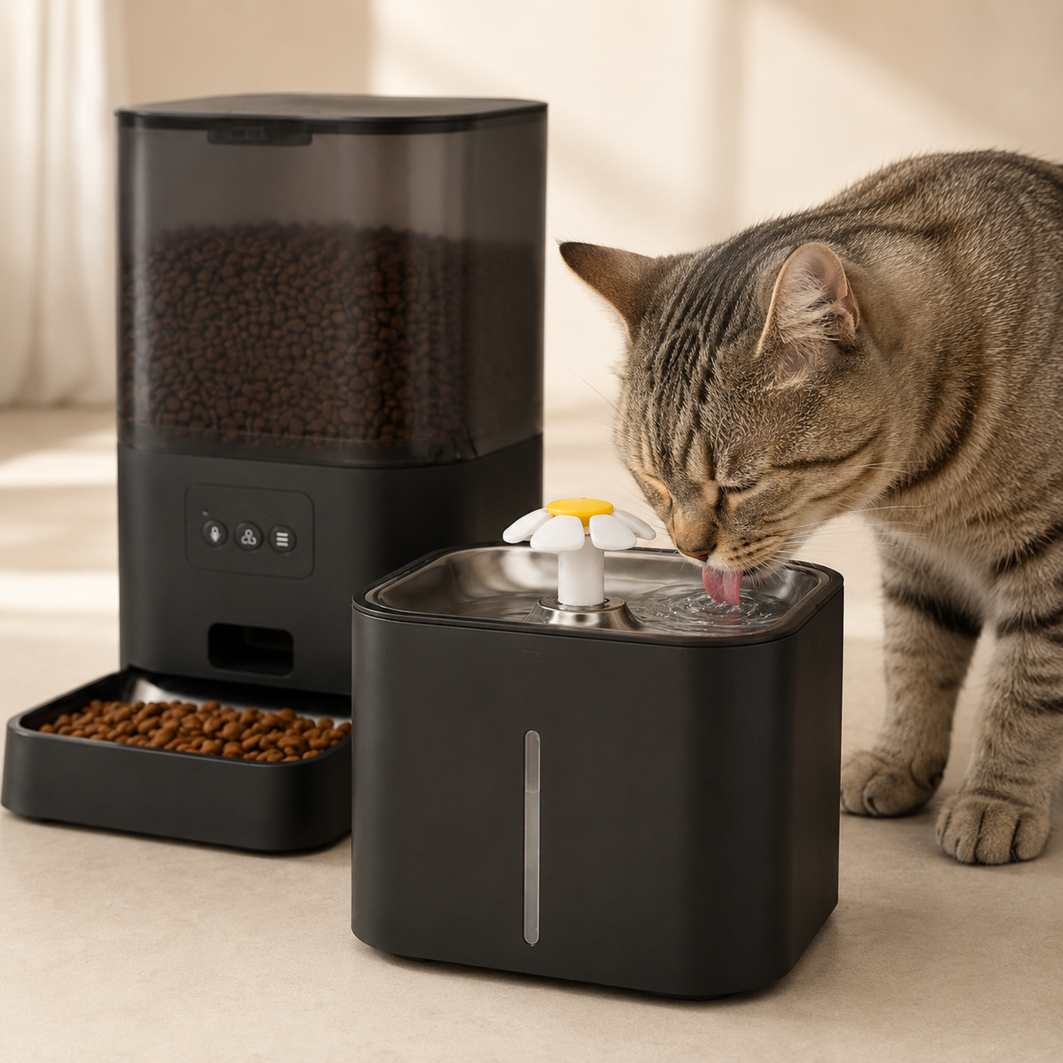 Chat buvant à la fontaine à eau 2,5 L incluse avec le distributeur Bistro noir
