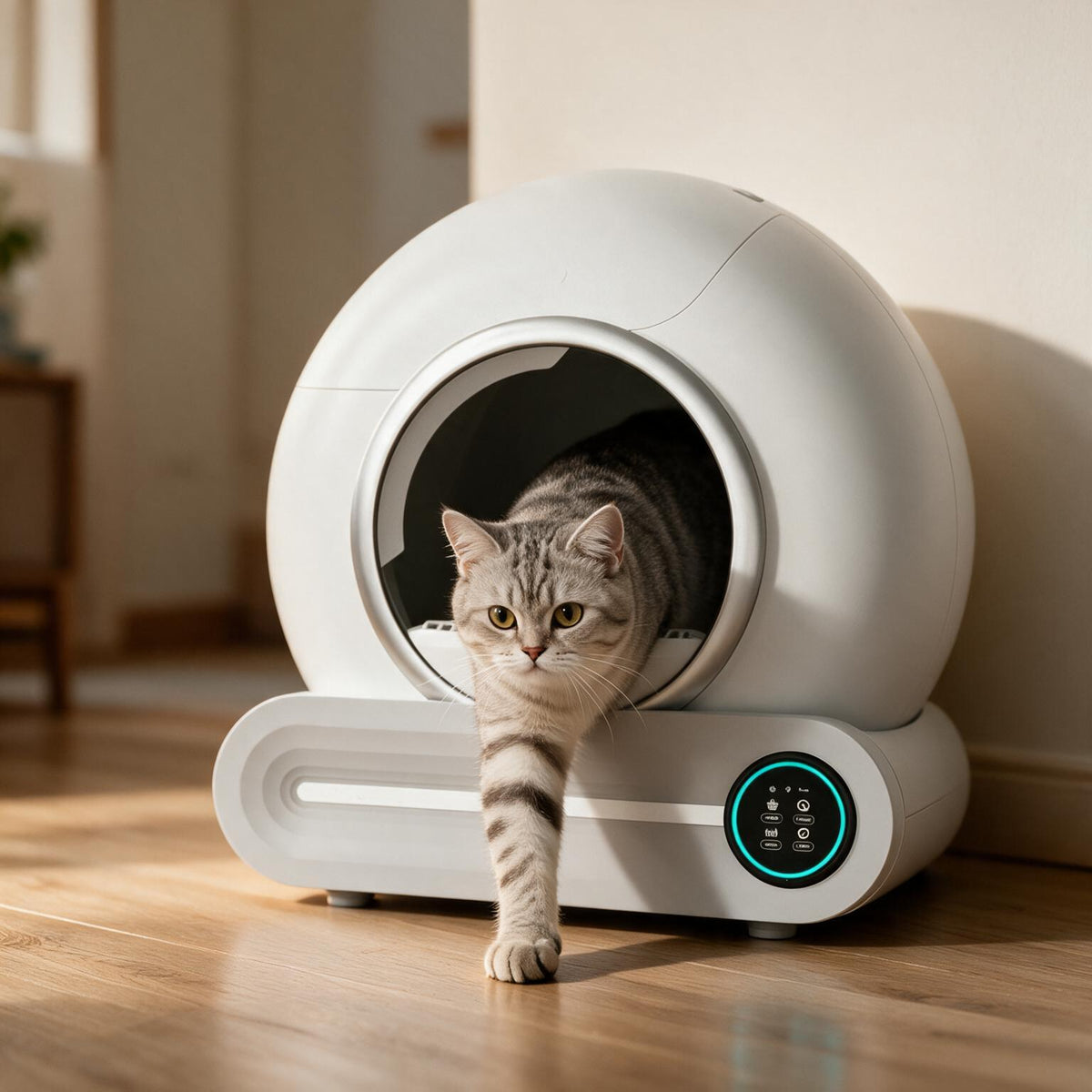 Chat sortant de la litière automatique connectée Cocon