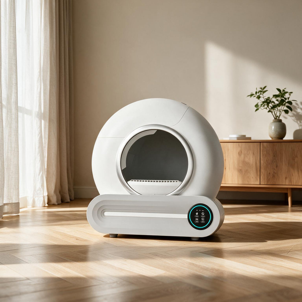 Bac à litière automatique pour chat Cocon installé dans un salon