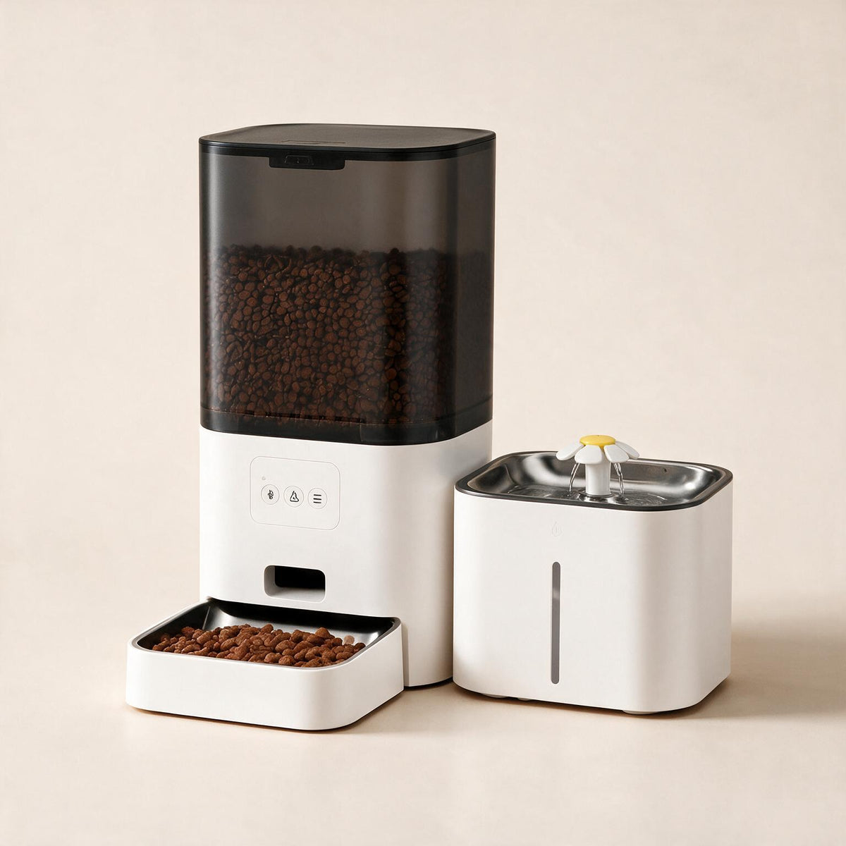 Distributeur automatique de croquettes Bistro blanc avec sa fontaine à eau 2,5 L