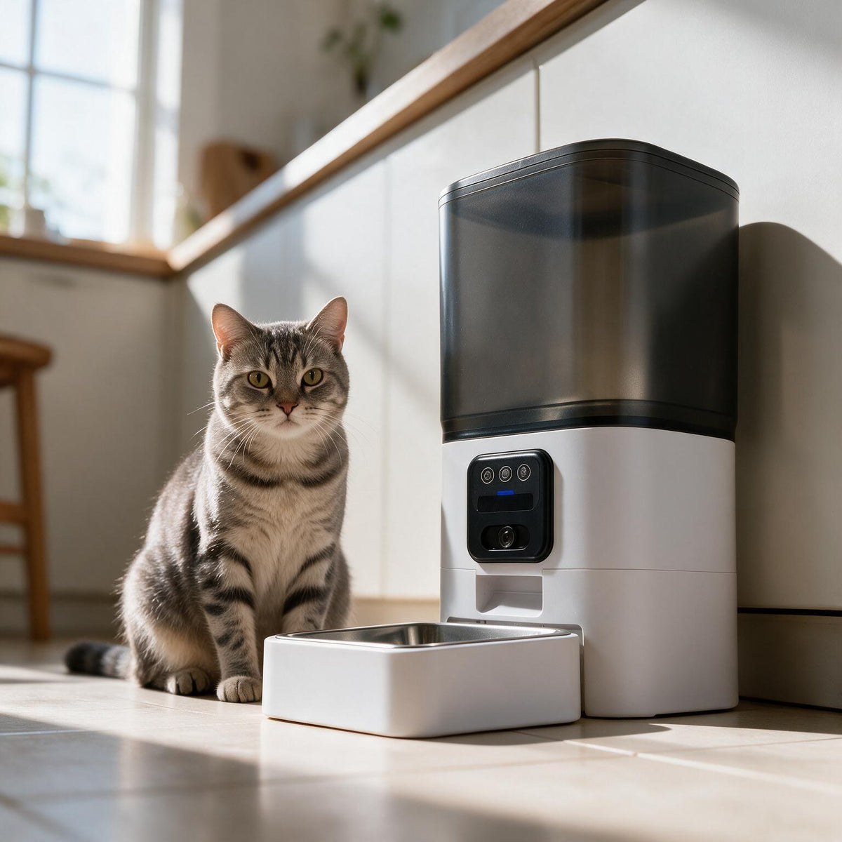 Chat assis à côté du distributeur Vision blanc dans une cuisine