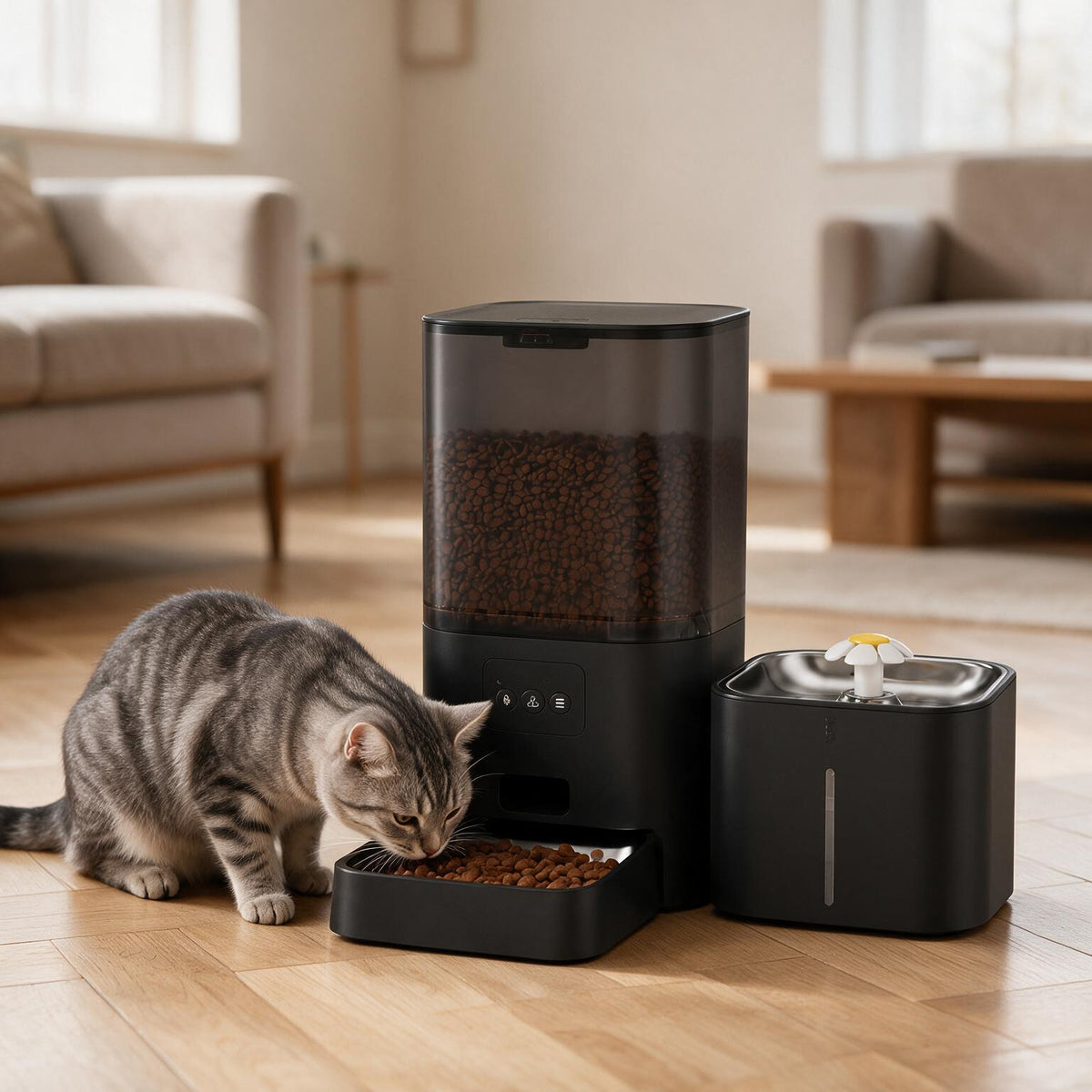 Chat qui mange au distributeur Bistro noir avec sa fontaine