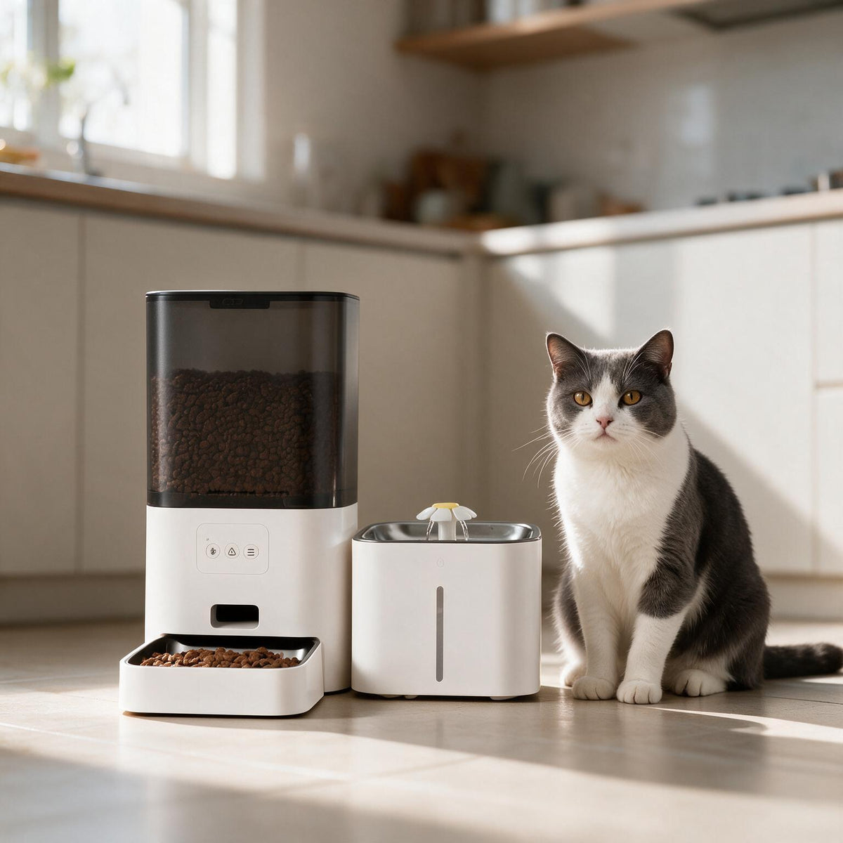 Chat assis à côté du Bistro blanc et de sa fontaine dans une cuisine