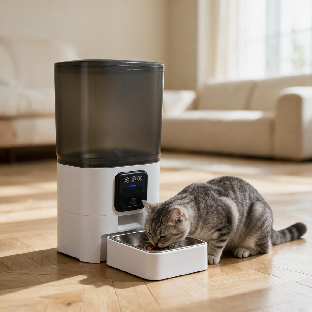 Chat qui mange dans le bol en acier inoxydable du Vision blanc