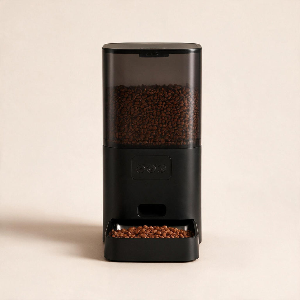 Distributeur automatique de croquettes Bistro noir vu de face, trappe et touches