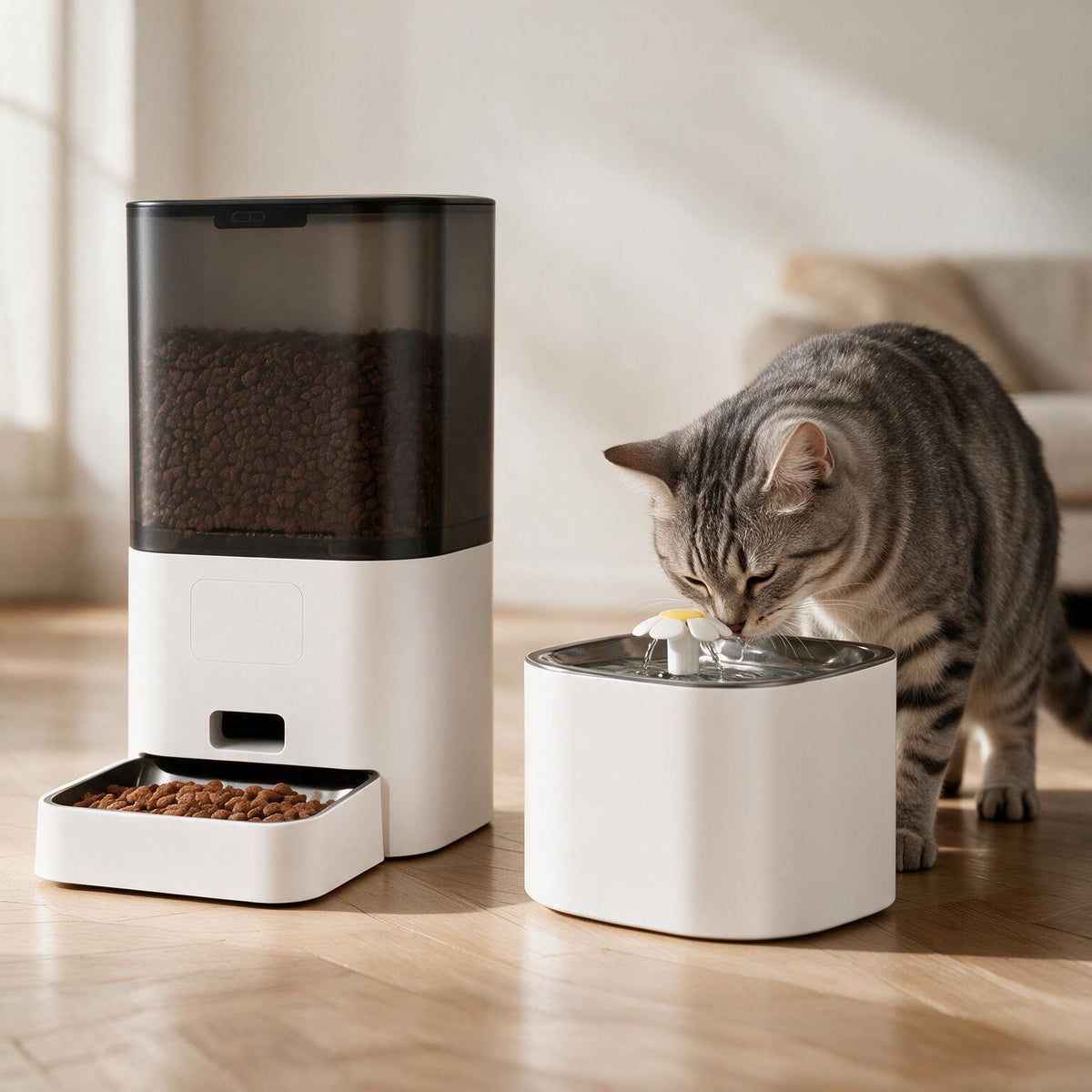 Chat qui boit à la fontaine à eau 2,5 L incluse avec le distributeur Bistro blanc