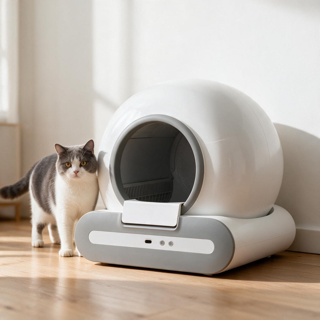 Chat debout à côté de la litière automatique Cocon Pro dans un salon