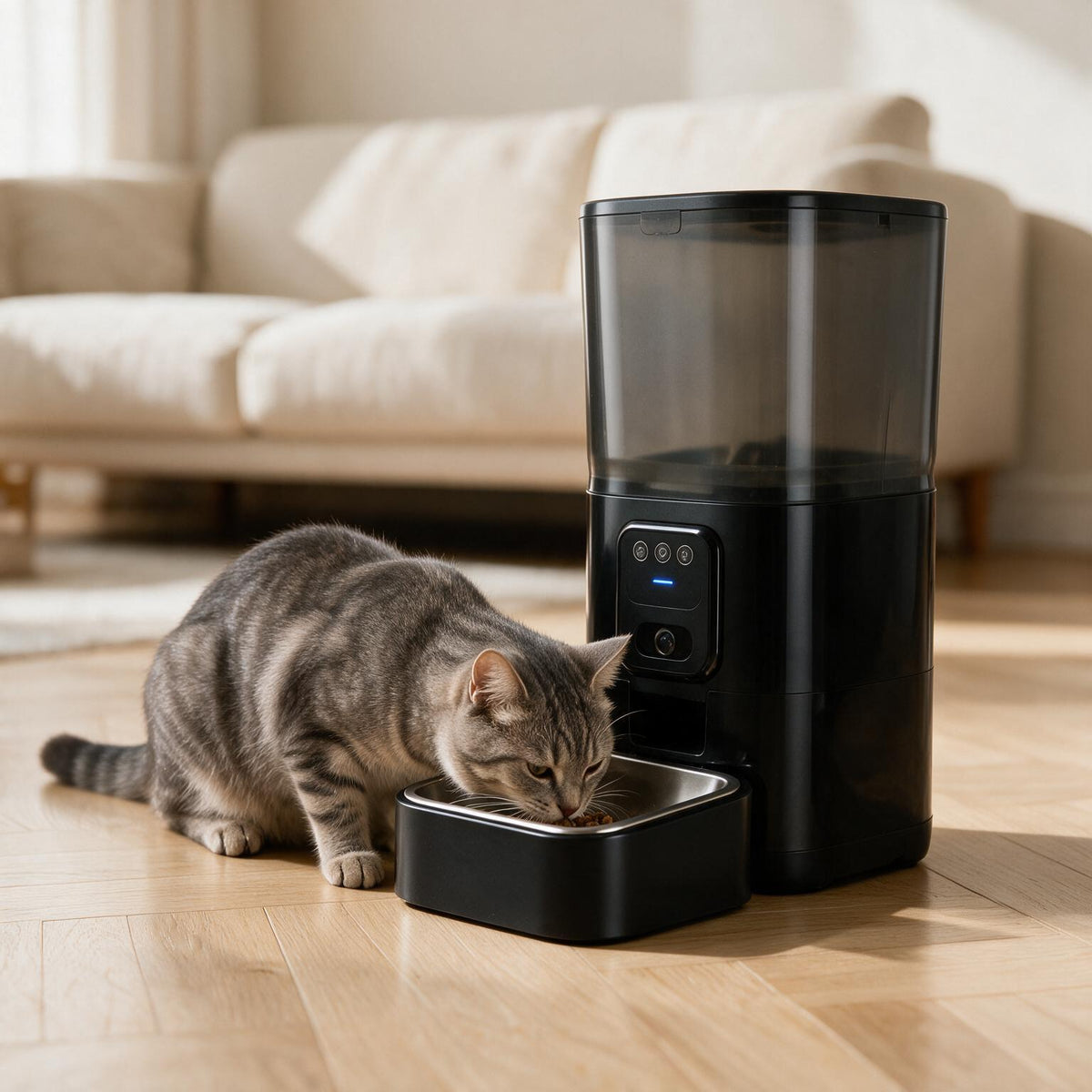 Chat qui mange dans le bol en acier inoxydable du Vision noir