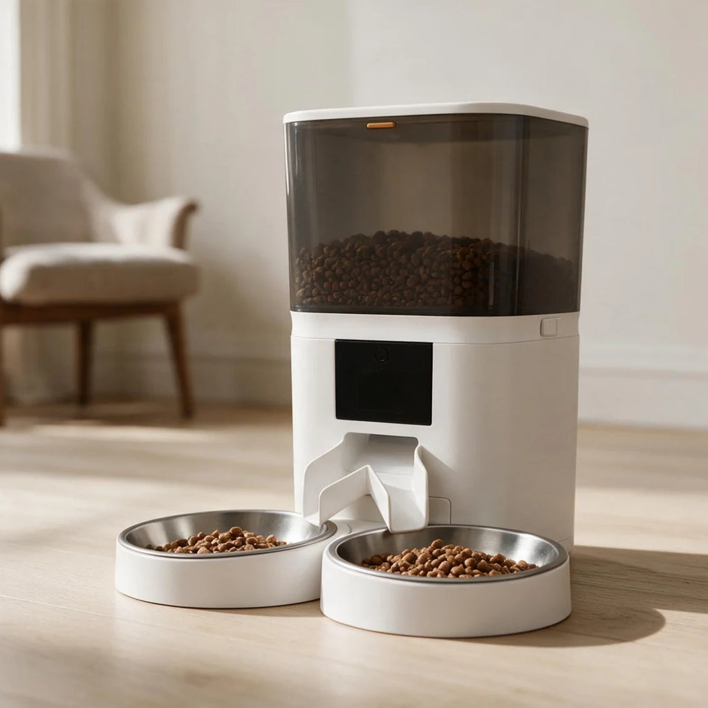 Distributeur Tandem blanc, réservoir 6 L et deux bols en acier inoxydable