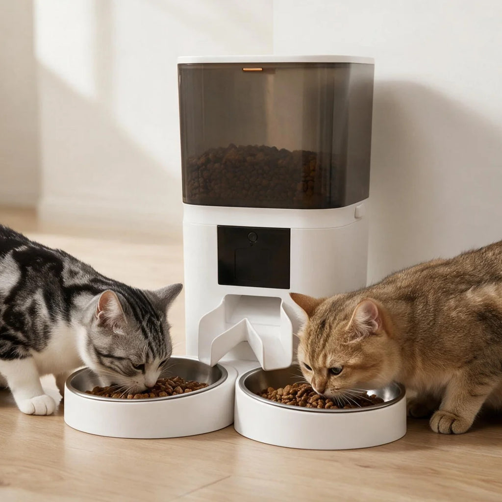 Deux chats qui mangent côte à côte au distributeur Tandem