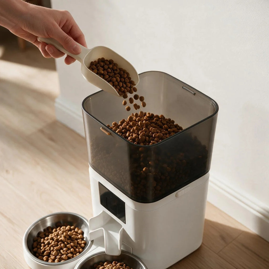 Réservoir 6 litres du distributeur Tandem blanc rempli de croquettes